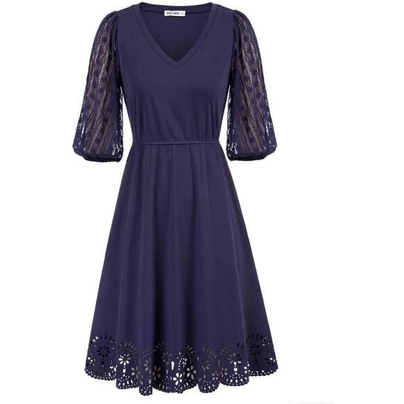NWT Romantic Elegant Lace Lantern Sleeve A Line Cut Out Swing Skater Navy Dress - Picture 1 of 16